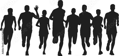 Energetic group of runner silhouettes in motion, showcasing teamwork, fitness, competition, and dynamic human movement captured in bold black illustration.