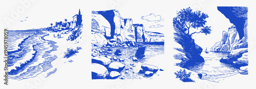 Mediterranean coast beach rocks cliffs quiet village. Hand drawn curved shoreline with trees and boats in textured crayon sketch. Illustration for travel or nature themes.