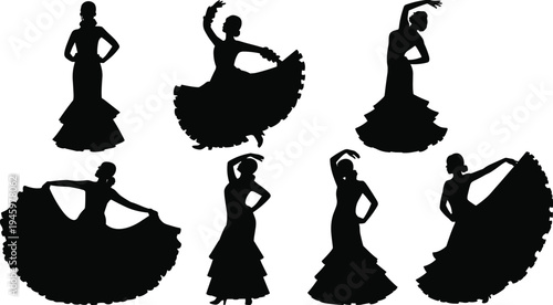 Dynamic flamenco dancer silhouettes in ruffled dresses, showcasing expressive poses, Spanish cultural heritage, rhythmic movement, and artistic performance in elegant black illustration.
