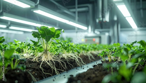 Engineered root vegetables flourishing in nutrient-rich soil under controlled grow lights within a modern indoor vertical farming facility.