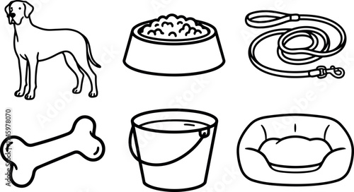 Minimalist line art collection of dog bone leash food bowl water bucket and pet bed icons in black and white vector style