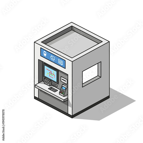 Isometric Automated Kiosk Machine with Screen and Payment Terminal.