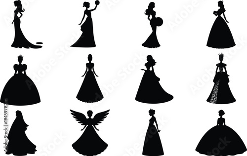 Fantasy princess silhouettes in elegant gowns with crowns, wings, and accessories, representing royal characters, fairy tale themes, and magical charm in black illustration.