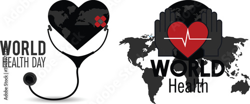 World Health Day icon set collection featuring heart, stethoscope, global health care symbols and medical awareness concepts.