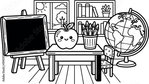 Cute smiling apple on table next to crayons bucket and globe in black and white classroom with window view and chalkboard easel