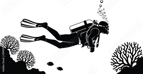 Scuba diver underwater silhouette with oxygen tank, fins, bubbles, coral reef, and fish, perfect vector illustration for marine exploration themes