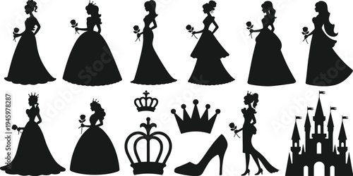 Elegant princess silhouettes with crowns, roses, castle, and high‑heeled shoe, representing fairy tale royalty, fantasy themes, and magical charm in black silhouette illustration.