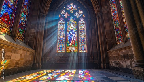 Vibrant sunlight streams through an elaborate stained glass window depicting a saintly figure, casting colorful patterns across the ancient stone floor of a grand cathedral.