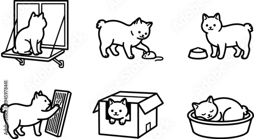 Line art vector set of playful cat with mouse eating from bowl scratching post sitting on window sleeping in basket and hiding in box