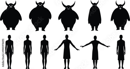 Monster and human body silhouettes set, fantasy creature characters with male body poses vector illustration collection isolated design