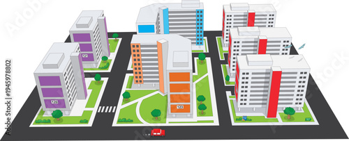 These Singapore HDB flats form a colorful neighborhood, standing tall with striped facades in purple, orange, red, and blue, surrounded by roads, trees, and crosswalks.