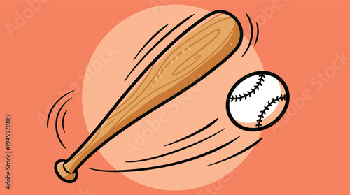 Vector illustration of a baseball bat hitting a ball in motion on orange background