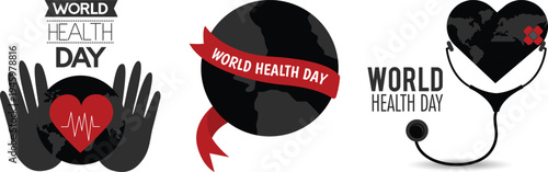 World Health Day icon set collection featuring heart, stethoscope, global health care symbols and medical awareness concepts.