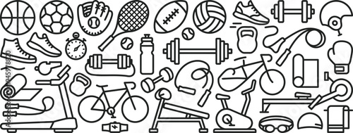 Various sports equipment and fitness gear illustrated in a vector graphic design for athletic and workout themes