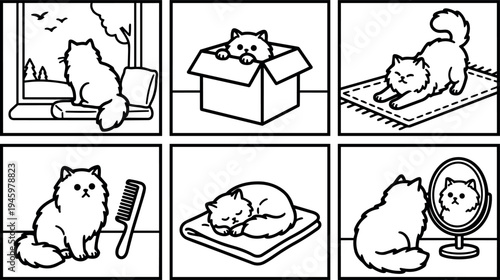 Black line art vector set showing fluffy cat looking outside window playing in box stretching on rug sitting with comb sleeping on blanket and looking at mirror