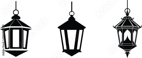 Three hanging lanterns in a row with different designs and shapes