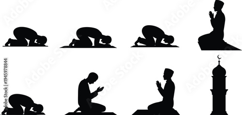 Muslim prayer silhouettes collection, Islamic salah positions with mosque minaret, Ramadan worship vector illustration set isolated design elements