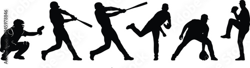 Baseball player silhouettes in various poses and actions