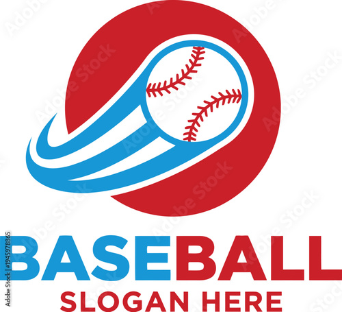 Modern vector baseball logo with red, white, and blue colors and a dynamic design element, featuring a stylized baseball and customizable slogan text