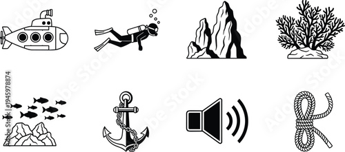 Collection of underwater and nautical silhouette icons including submarine, scuba diver, coral reef, fish, anchor, rope, and sound waves