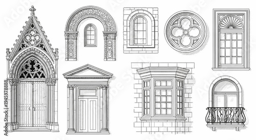 Ornate Vintage Door Designs Collection – Detailed Black and White Architectural Doors Line Art Vector Illustration Set