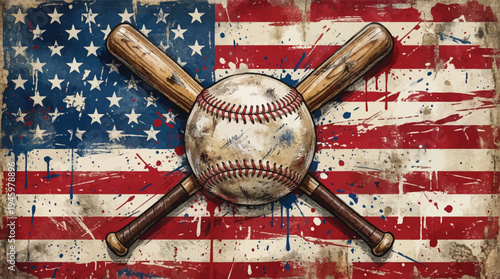 American baseball graphic with wooden bats and ball on a vintage USA flag background with paint splatters