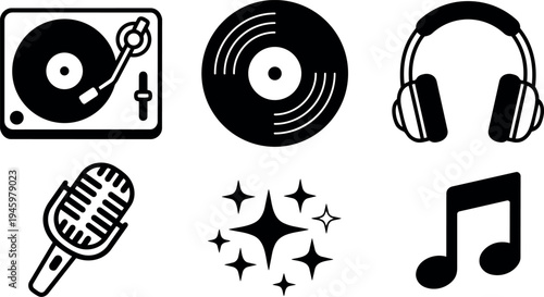 Black silhouette collection of turntable record player vinyl headphones microphone music note and sparkles icons vector art