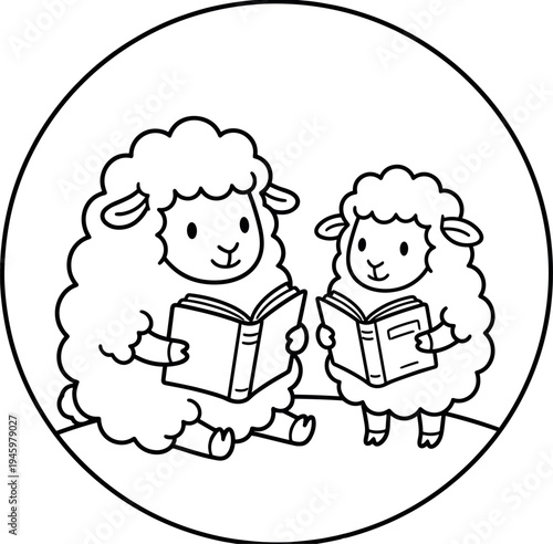 Cute Mother Sheep and Baby Lamb Reading Books Together in a Circular Frame Simple Line Art Vector for Kids Coloring and Logos
