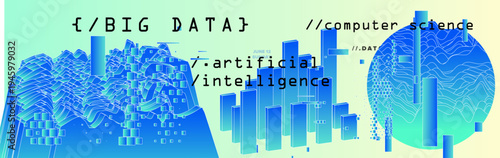 Gradient teal-blue abstract wavy landscape with pixel blocks and futuristic text BIG DATA ARTIFICIAL INTELLIGENCE COMPUTER SCIENCE. Conceptual vector illustration for big data AI tech posters and cybe