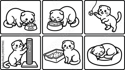 Black and white vector line art set of playful kitten eating drinking playing scratching litter resting on cushion