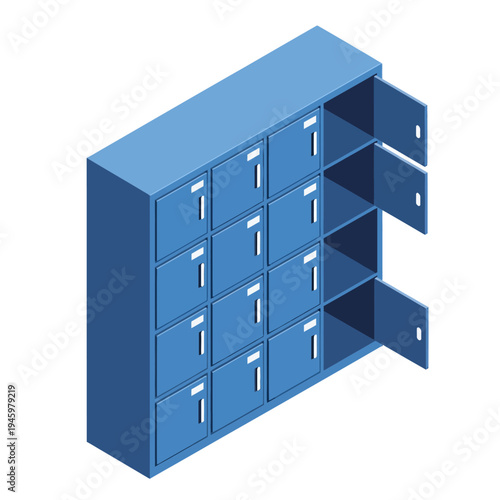 Blue Metal Lockers with Open Doors Isometric View.
