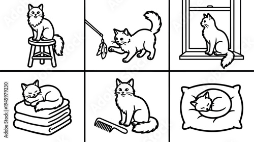 Black and white line art cats in various poses sitting on stool playing with feather toy looking out window sleeping on pillow and folded towels with comb nearby