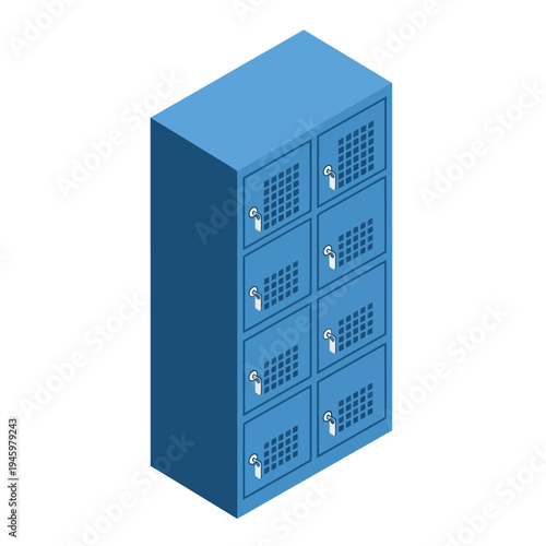 Blue Metal Lockers with Eight Compartments Isometric View.