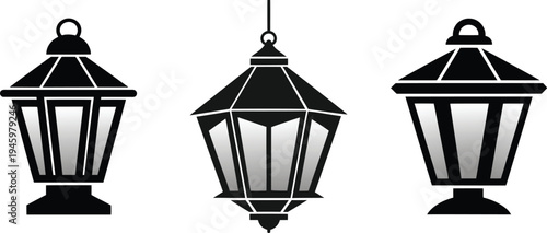 Black and white illustration of three hanging and standing lanterns