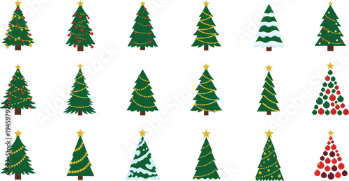 Collection of decorated Christmas trees on white background vector graphics