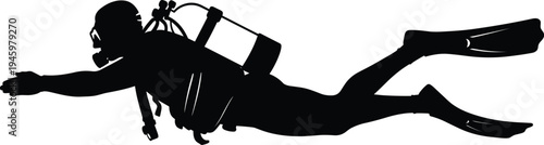 Scuba diver underwater silhouette with oxygen tank, fins, bubbles, mask, perfect vector illustration symbolizing ocean exploration, marine adventure, and sea life