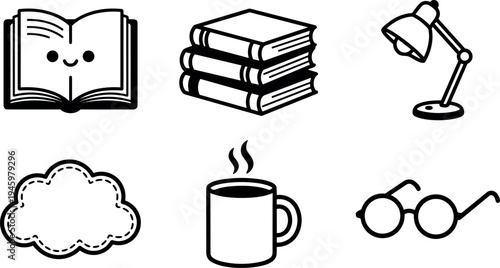 Black and white vector icons of smiling open book stacked books desk lamp cloud coffee mug and round glasses
