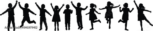 Children silhouette jumping, happy kids playing, group celebration outdoors, joyful childhood freedom, energetic youth silhouettes, teamwork fun, friendship, happiness, unity, lifestyle