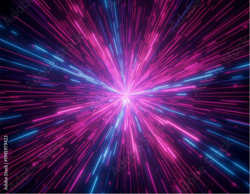 Vibrant pink and blue light streaks radiate from a central point in space