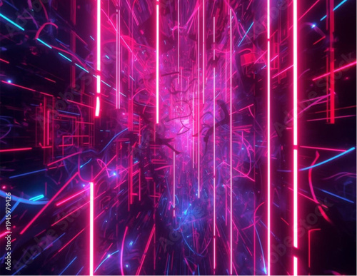 Vibrant neon pink and blue lights create a futuristic abstract background with glowing lines and geometric shapes