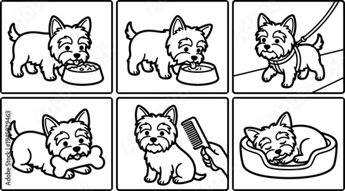 Black and white line art vector of small terrier dog eating drinking walking with leash chewing bone getting combed and sleeping in bed