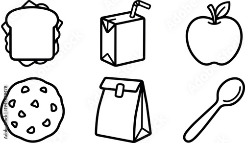 Simple black line icons of sandwich juice box apple cookie lunch bag and spoon isolated on white background