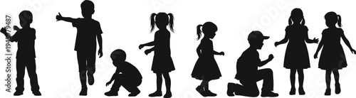 Children silhouette standing poses, kids body posture collection, black figure gestures, abstract child outline, playful stance, group activity, body language illustration