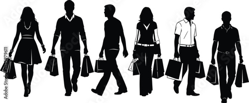 Black Silhouette Set of Diverse People Carrying Shopping Bags and Walking for Retail Fashion Commercial Sales and Consumer Lifestyle 