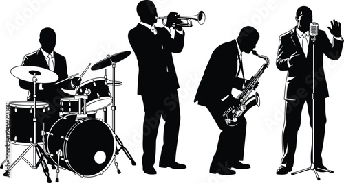Four jazz musicians silhouettes performing with drums, trumpet, saxophone, and microphone, perfect vector illustration symbolizing live jazz music performance energy