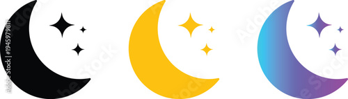 Three crescent moons with starry night sky in black yellow and blue colors