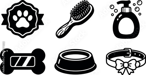 Black and white icons set with dog paw badge brush soap dispenser bone food bowl and bow collar vector art design