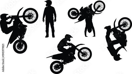 Black Silhouette Set of Motocross Riders Performing Extreme Stunts and Backflips on Dirt Bikes for Sports Action and Adventure Design
