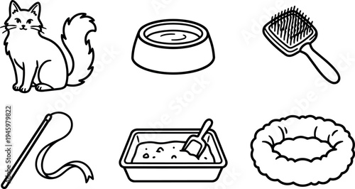 Simple line art black and white cat sitting with food bowl grooming brush cat toy litter box and soft round bed vector illustration set