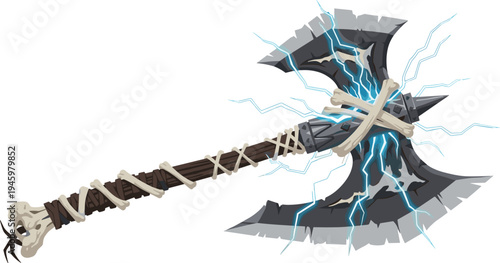 Fantasy Electric Battle Axe with Bone Wrapping and Lightning Effects for Mythical Weaponry, Medieval Combat